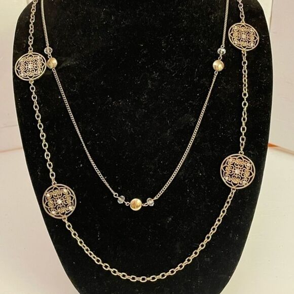 VINTAGE 34” layered abstract gold tone medallions & beaded layered necklace - Picture 1 of 10
